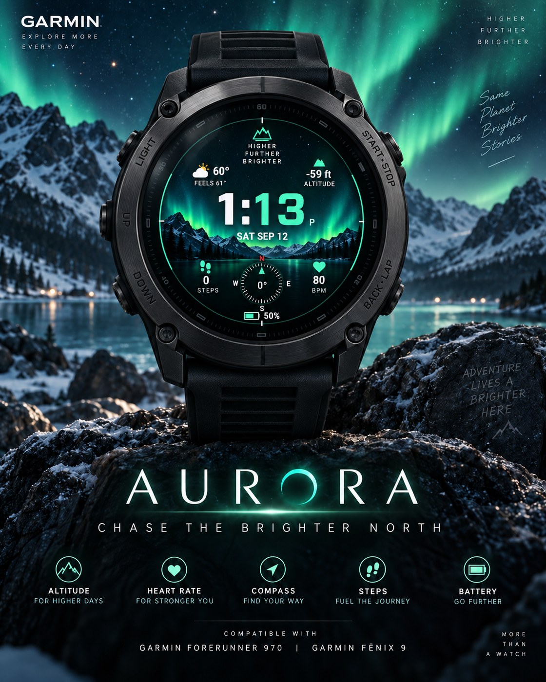AURORA Garmin watch face — chase the brighter north